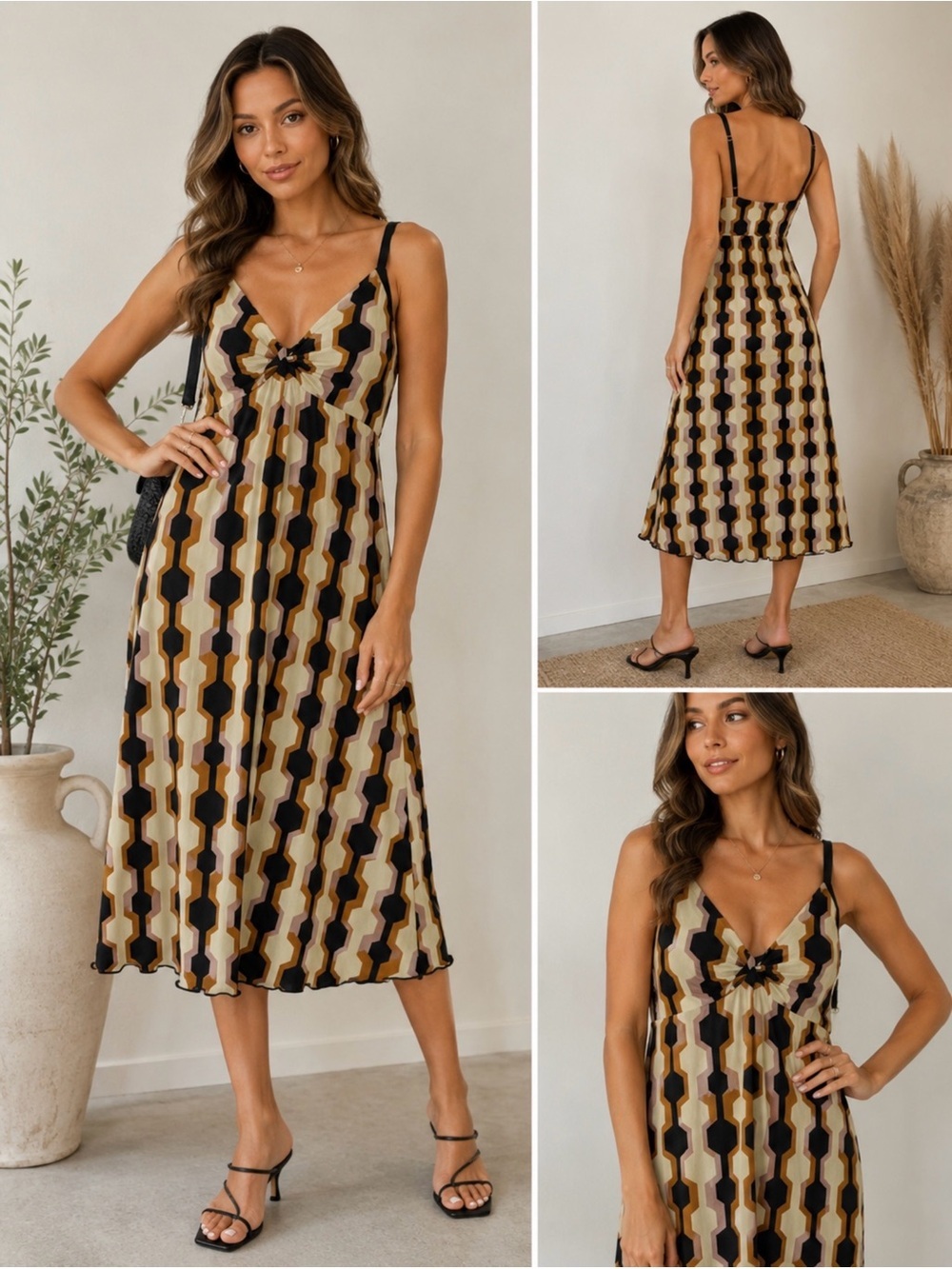 CAbi Geometric Print Midi Dress Adjustable Straps Boho XS